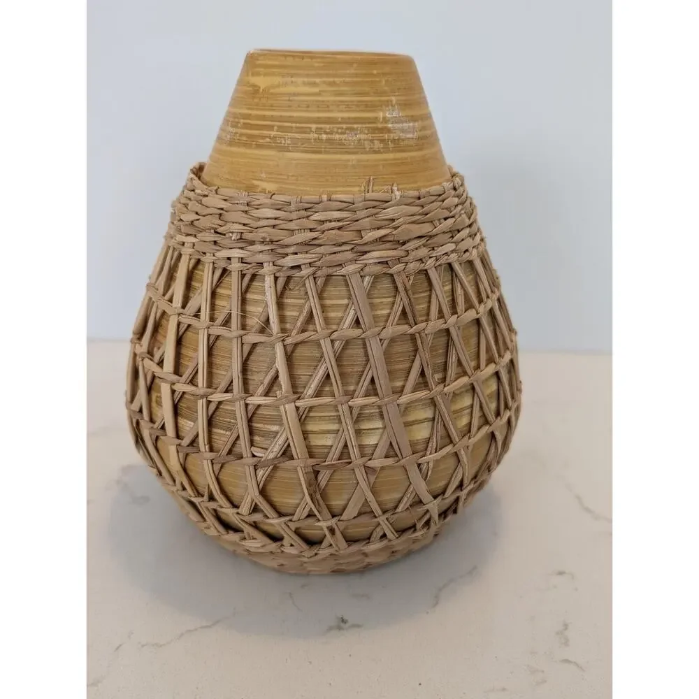 Bamboo Vase W Seagrass Weave Wrapped Rattan Bohemian Earthenware